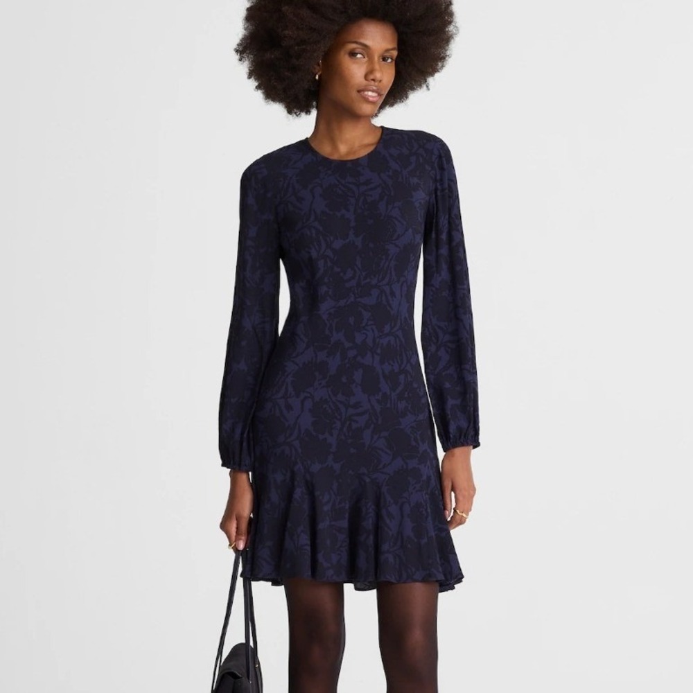 Madewell Alexis Floral Navy Black Long Puff Sleeve Drop Waist Flare Mini Dress 0